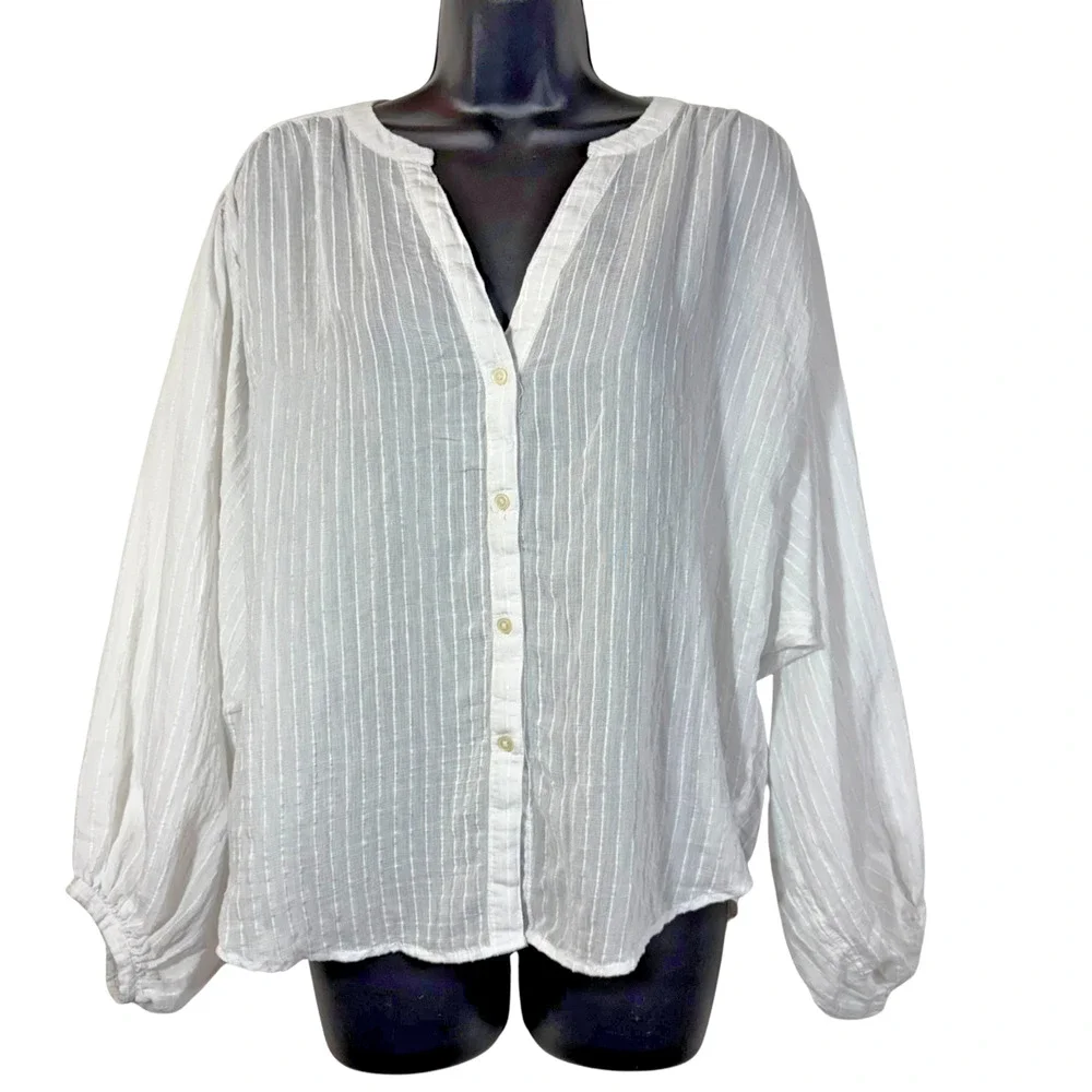 LOFT White Stripe Blouse Semi-Sheer Button Top V-Neck Long Puff Sleeve Small